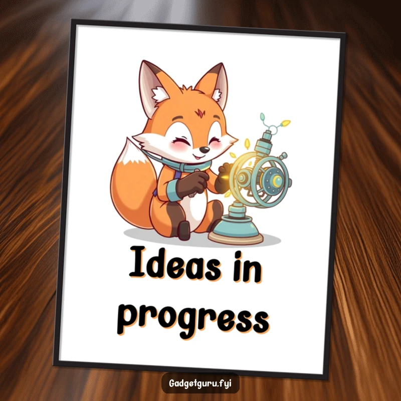 Funny poster artwork of an excited fox character meticulously assembling a glowing, detailed mechanical contraption, inspiring innovation.