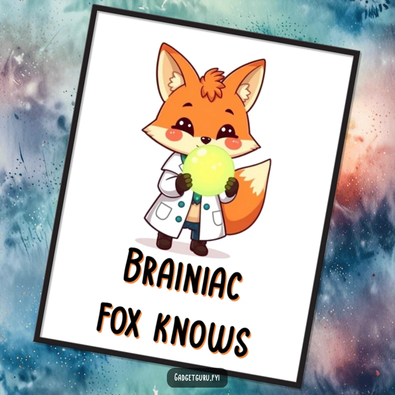 Funny poster of a cheerful fox scientist in a lab coat, holding a glowing orb, embodying scientific wonder and quirky charm.
