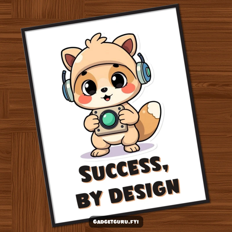 Funny Cheerful Animal Character Proudly Holding Up a Newly Assembled Whimsical Gadget Poster, Joyful Wall Art.