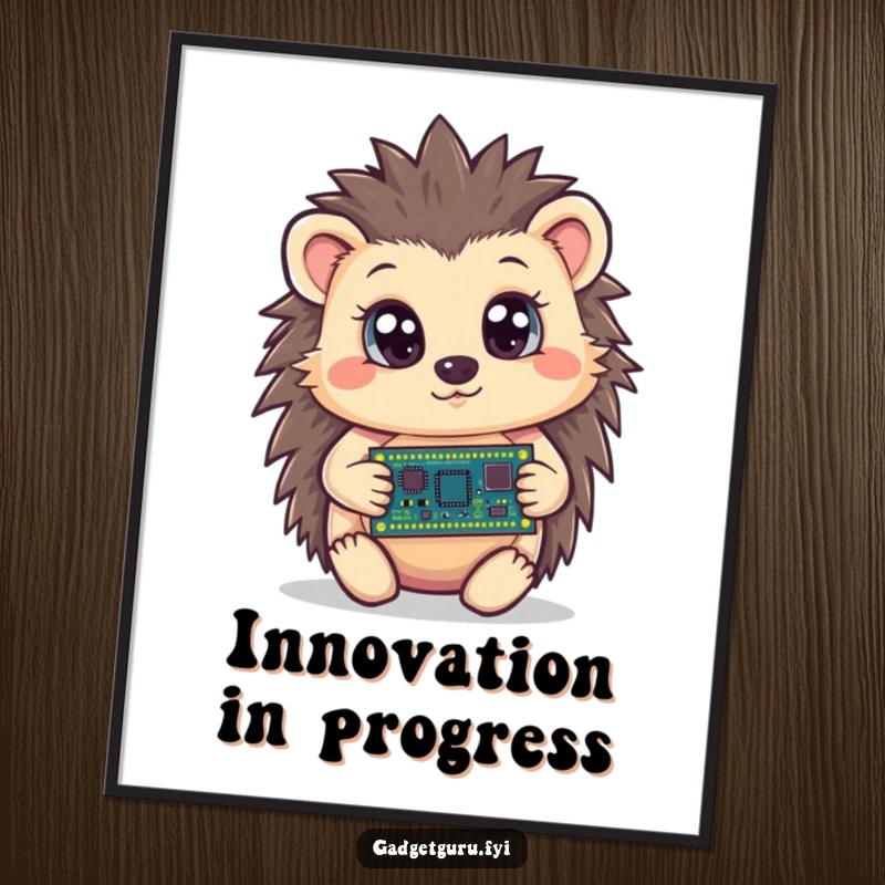 Funny hedgehog poster featuring a curious character holding a tiny circuit board with wide eyes, ideal for tech-themed, humorous wall art.