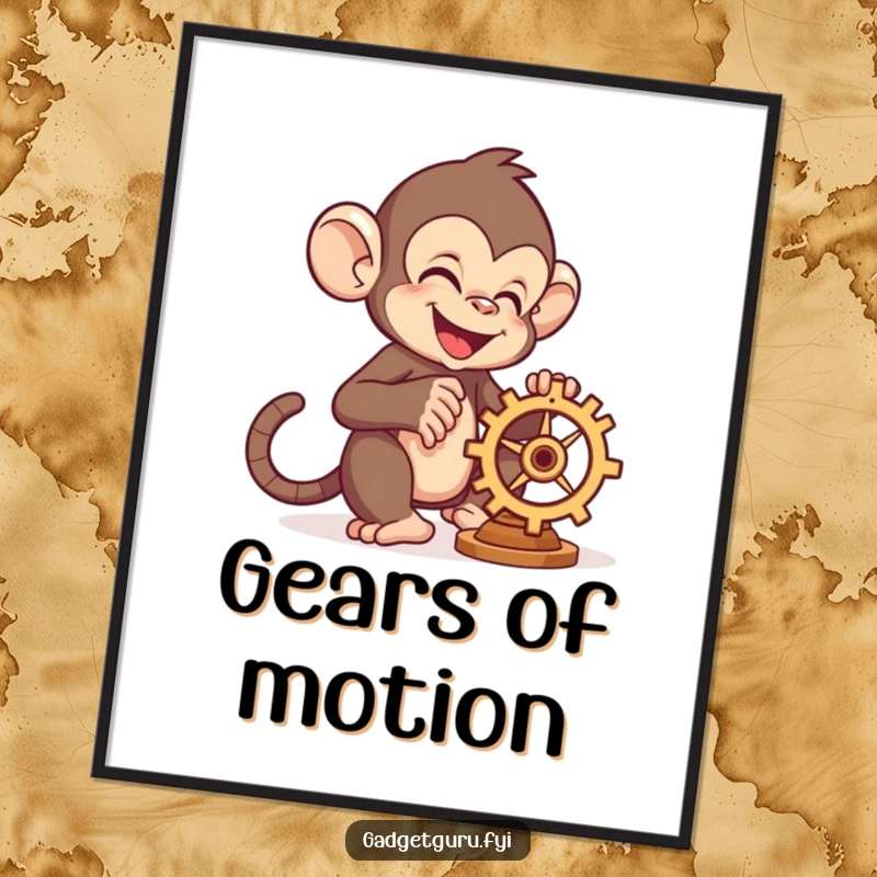 Funny monkey character happily tinkering with a small, whirring gear, conveying a sense of playful craftsmanship, on a poster.