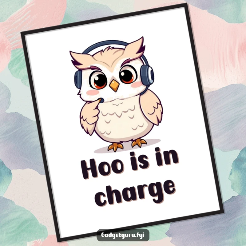 Funny owl poster print of a giggling character wearing a headset and pointing, symbolizing helpfulness and fun.
