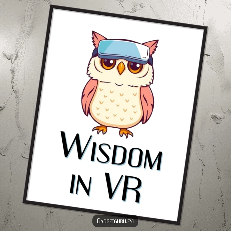 Funny owl character with tiny VR goggles, conveying a futuristic and imaginative vibe, on a decorative poster.