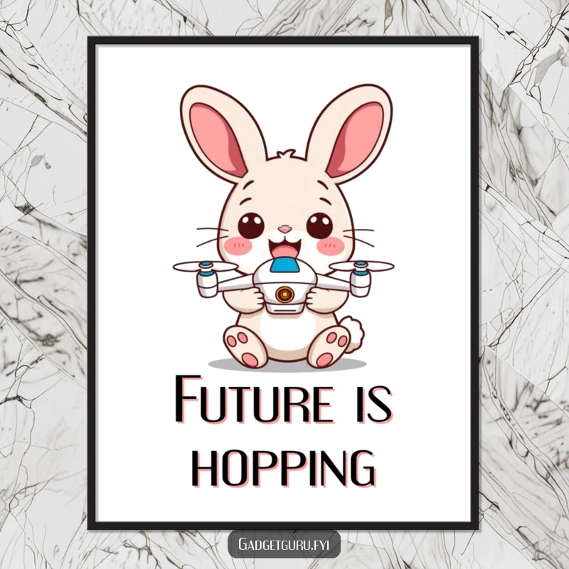 Funny poster of a cheerful rabbit with big, energetic ears, holding a tiny drone, ready for aerial fun.