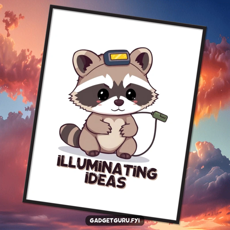 Funny poster of a tiny raccoon character wearing a headlamp, intently inspecting a small wire.