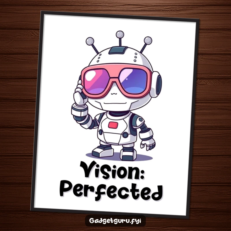 Funny robot poster print of a cute character adjusting large, futuristic glasses, evoking a sense of wonder and tech.