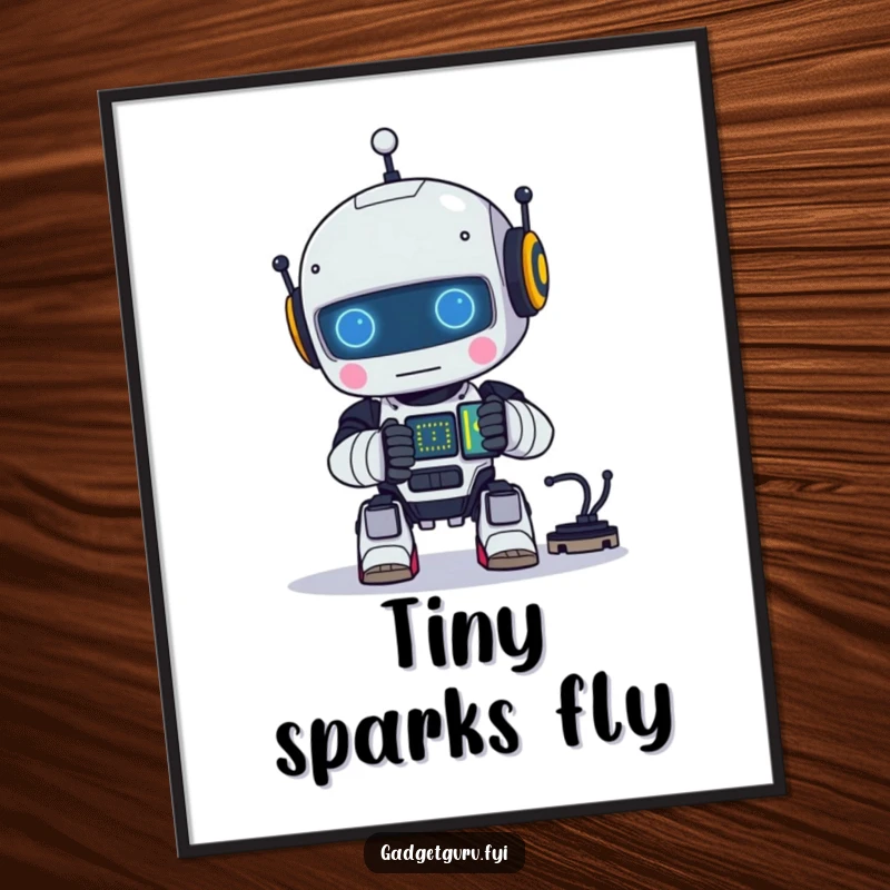 Funny poster featuring a small robot character happily assembling a tiny, glowing circuit, representing innovation and tech focus.