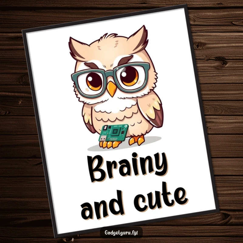 Funny cute owl character with oversized glasses scrutinizing a tiny circuit board, a smart and funny poster for walls.