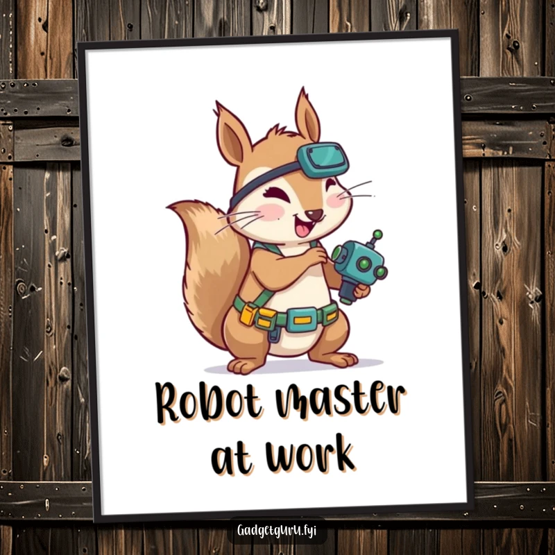 Funny Squirrel Mechanic Poster: Humorous wall art of a squirrel in a tool belt enthusiastically tinkering with a tiny robot, representing dedication.