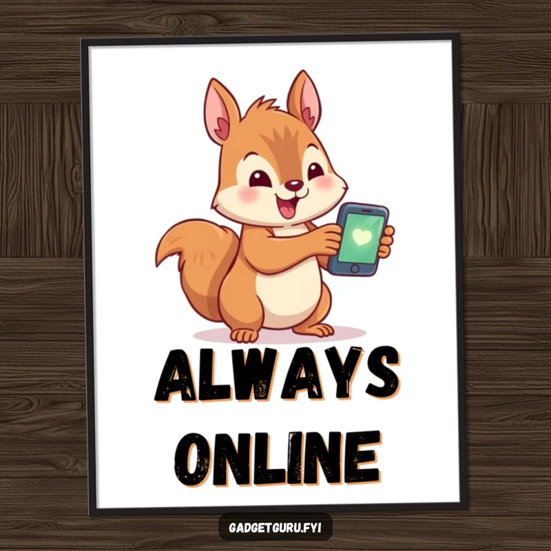 Funny poster print of a cute squirrel character excitedly holding a tiny, glowing smartphone, a humorous representation of modern life.