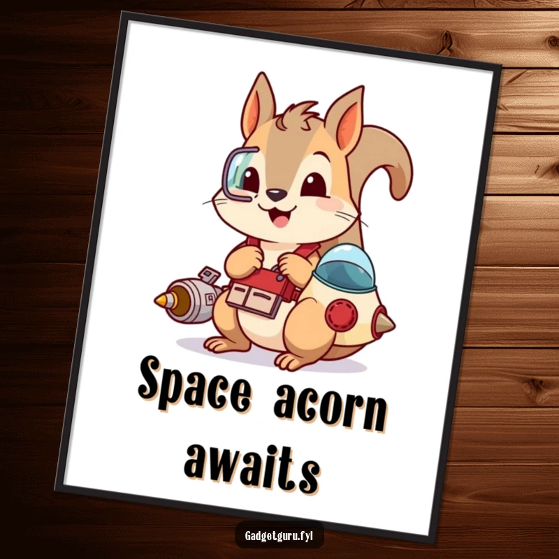 Funny poster print of a playful squirrel wearing a tool belt and tinkering with a small spaceship, perfect for inspiring creativity on walls.