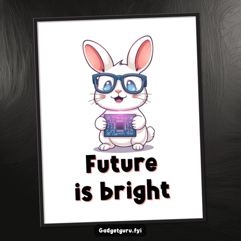 Funny Rabbit Scientist Poster: Humorous wall art of a rabbit in tiny glasses excitedly holding a glowing circuit board, representing scientific breakthroughs.