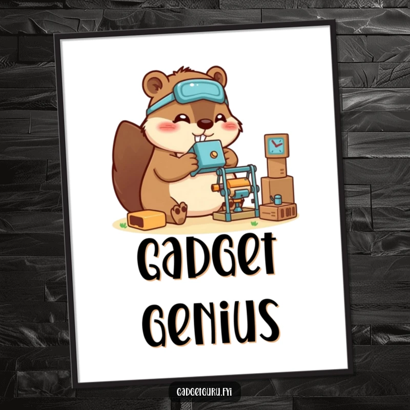Funny beaver poster print of a happy character constructing a miniature gadget, perfect for inspiring creativity.