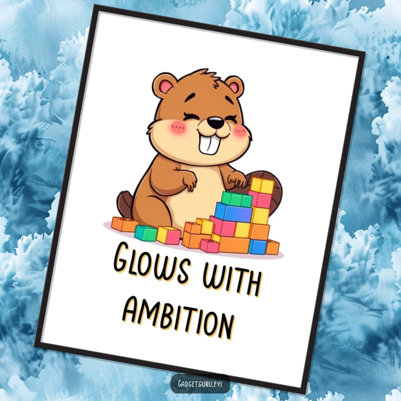 Funny poster print featuring a joyful beaver character energetically building with tiny, glowing, colorful construction blocks.