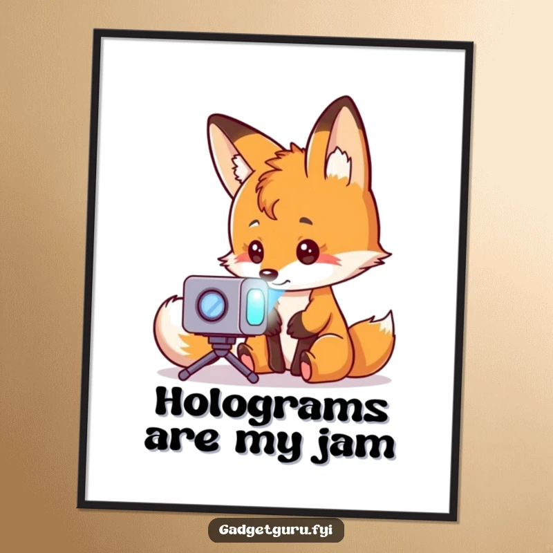 Funny fox character examining a tiny holographic projector, creating a sense of wonder and tech fascination, on a decorative poster.