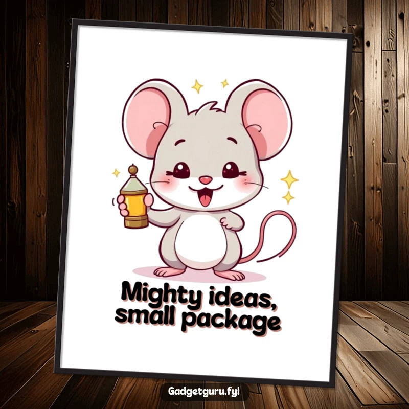 Funny Mouse Poster: A proud mouse displays a miniature, sparking invention, creating an atmosphere of innovation.