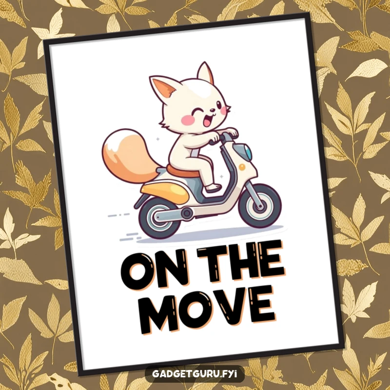Funny poster of an energetic animal character zooming on a miniature, futuristic scooter, creating a dynamic and humorous wall display.