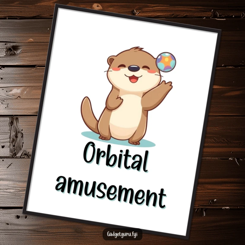 Funny poster of a playful otter character tossing a small, illuminated digital orb, celebrating imagination.