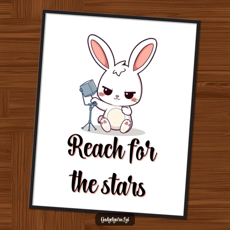 Funny rabbit poster featuring a determined cartoon rabbit adjusting a miniature satellite dish, perfect for tech-themed, humorous wall art.
