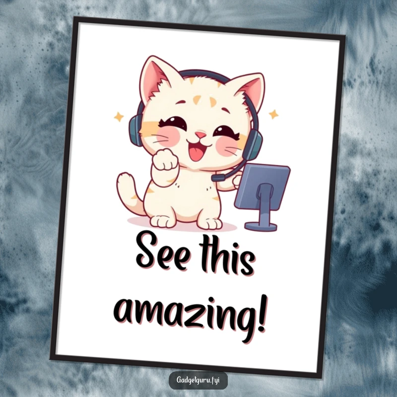 Funny Poster of a delighted kitten wearing a headset, pointing enthusiastically at a screen, radiating gamer energy.