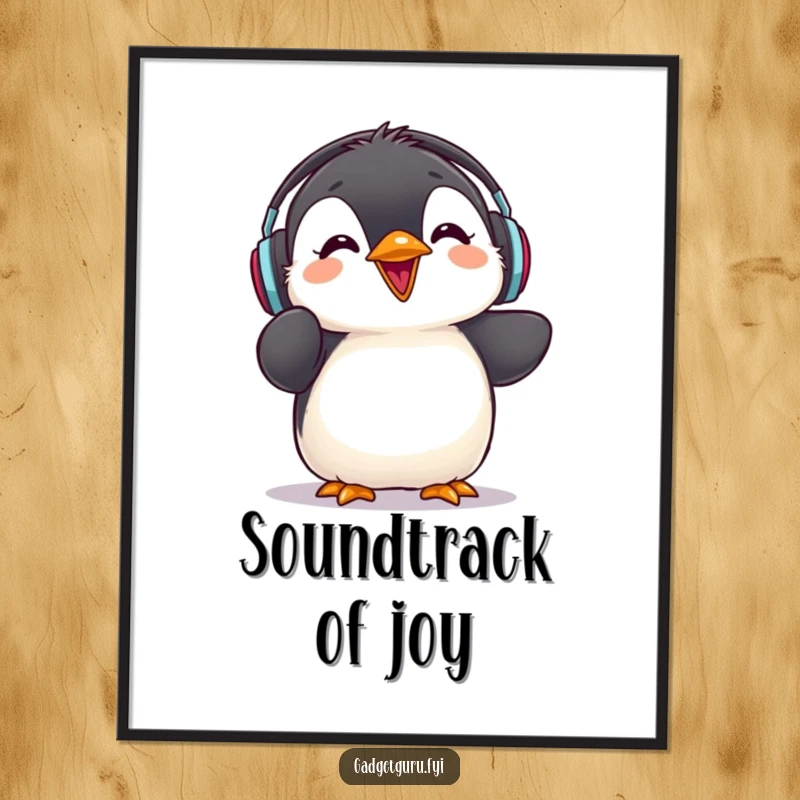 Funny penguin chick poster, wearing headphones and excitedly giving a rave review, perfect for music rooms.