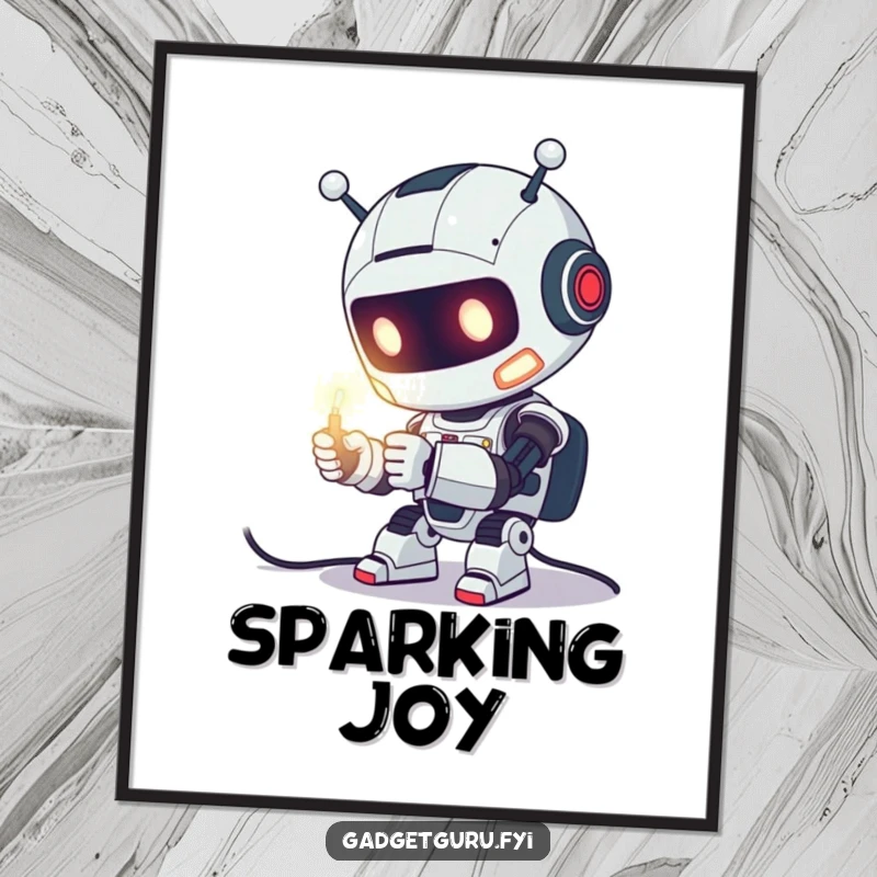 Funny Poster of a cute robot character enthusiastically tinkering with a glowing wire, bringing tech inspiration to any room.