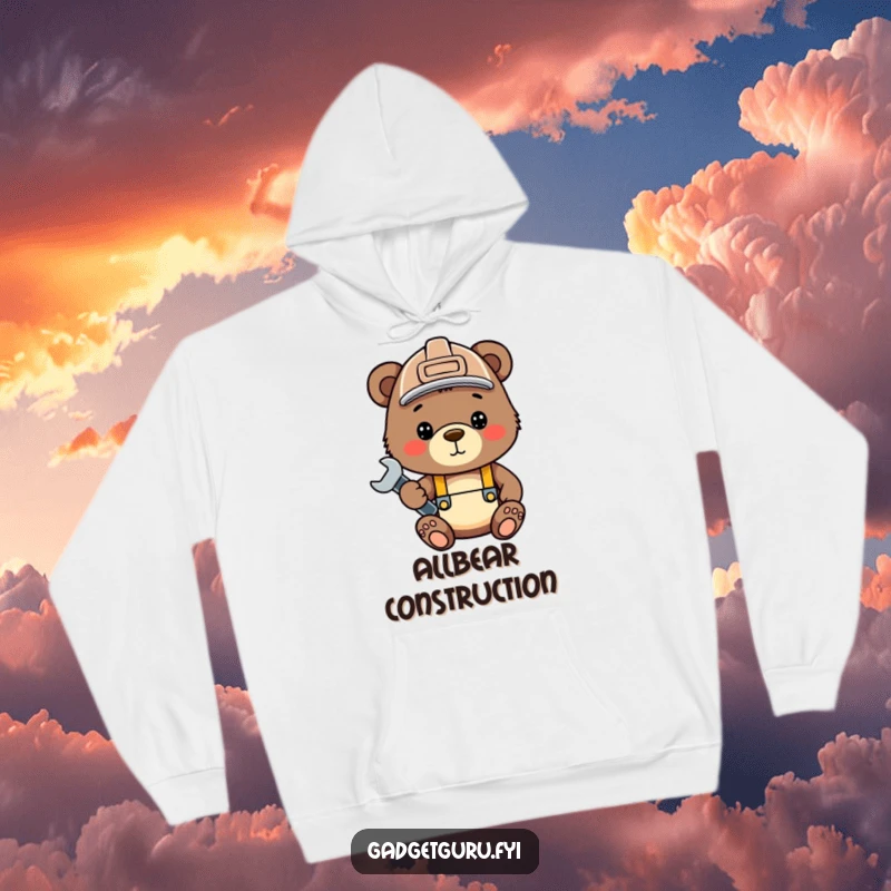 Funny bear cub hoodie, a cute cub in a hard hat with a wrench, perfect for construction enthusiasts.