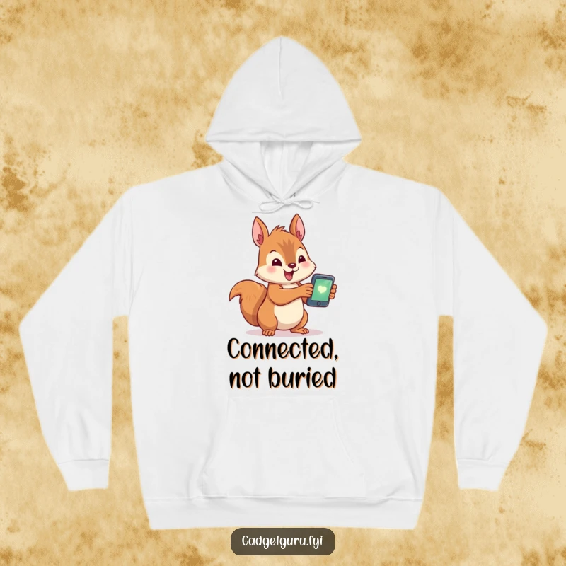 Funny hoodie featuring a cute squirrel character engrossed in a tiny, glowing smartphone, a humorous take on digital connectivity.