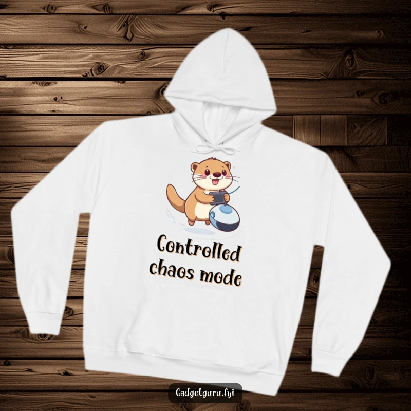 Funny hoodie depicting a playful otter zooming with a remote-controlled toy, offering warmth and a dose of fun.
