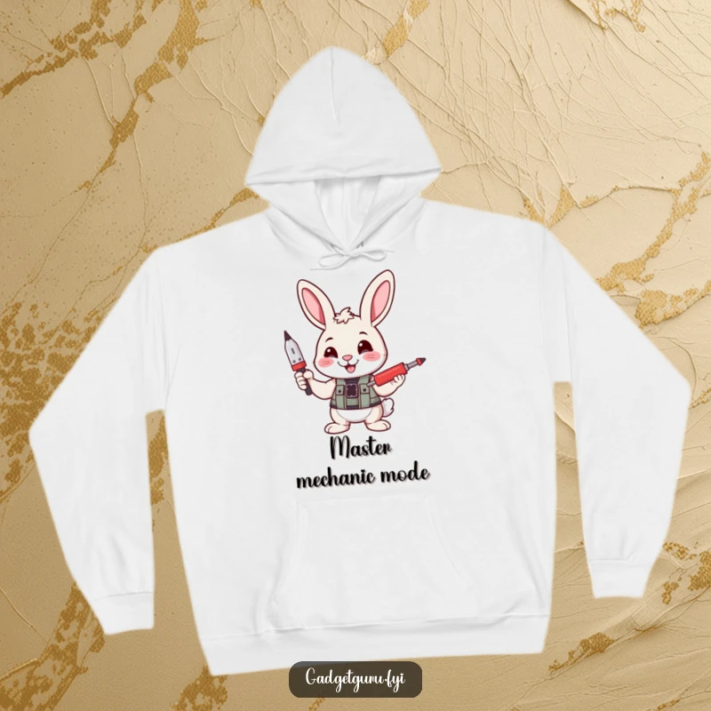 Funny hoodie shows a smiling bunny character confidently holding a tiny screwdriver, symbolizing a can-do attitude with warmth.