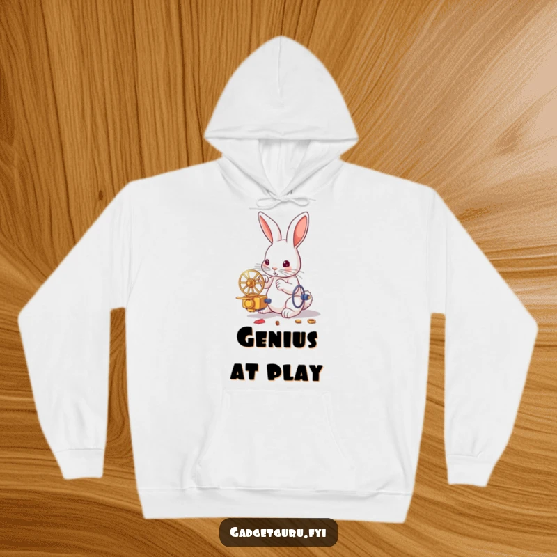 Funny hoodie illustration of a rabbit engineer intensely focused on building a miniature, whirring contraption, cozy and full of personality.