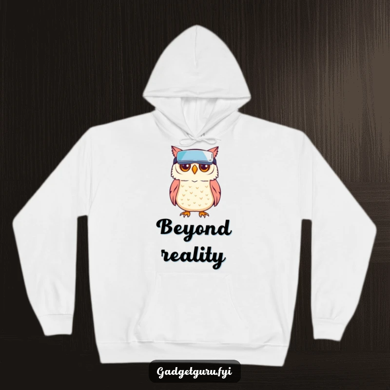 Funny owl character sporting tiny VR goggles, ready for virtual adventures, on a warm and cozy hoodie.
