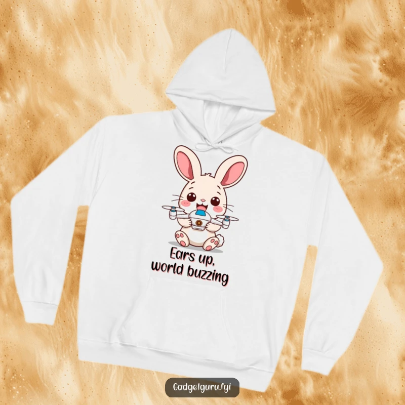 Funny rabbit hoodie showing energetic ears and a happy bunny piloting a tiny drone, perfect for cozy tech enthusiasts.