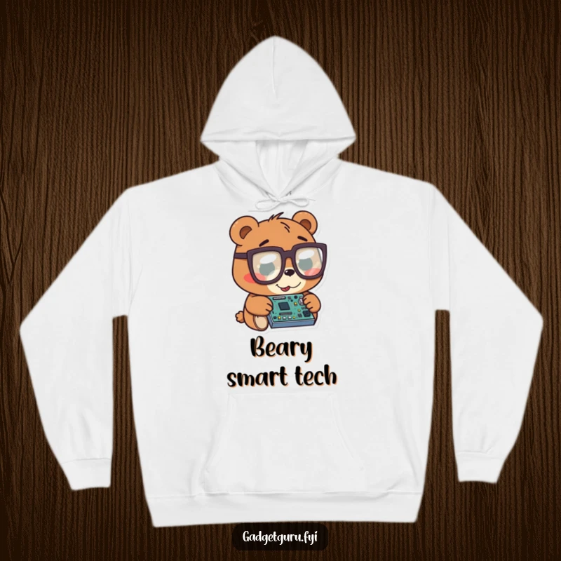 Funny bear character in oversized glasses examining a tiny circuit board, depicted on a warm, soft hoodie.