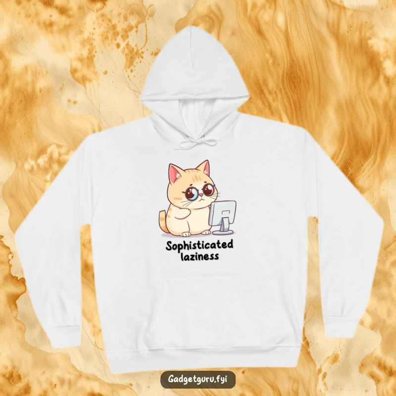 Funny cat hoodie, a chubby cat wearing a monocle and critically viewing a tiny computer screen, perfect for office humor.