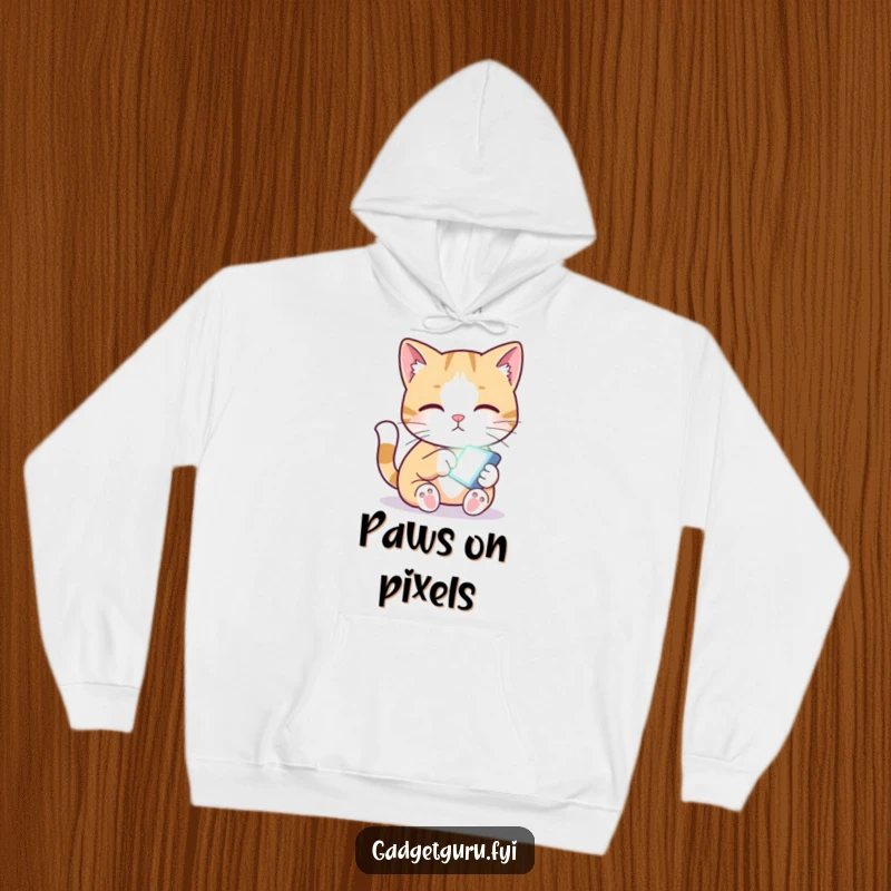 Funny hoodie with a curious cat character gently pawing at a small, glowing electronic screen.