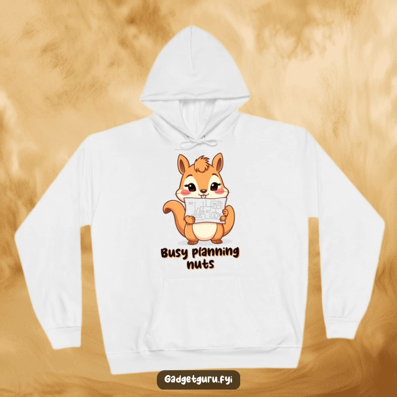 Funny cheerful squirrel character holding a tiny blueprint with determination, depicted on a warm and humorous hoodie.