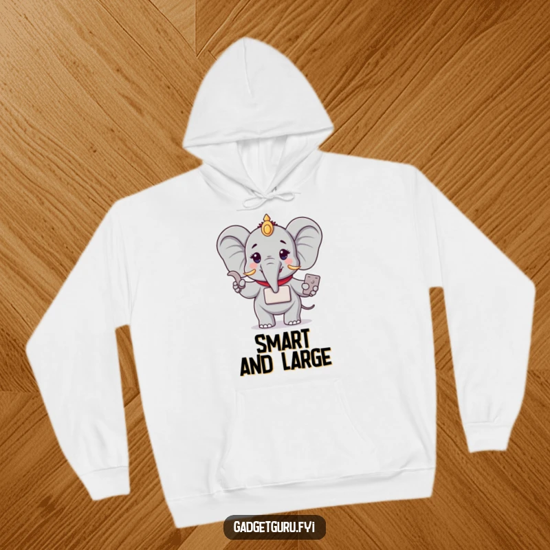 Funny hoodie depicting a wise elephant character demonstrating a small, compact electronic device. Warm, soft, and humorous apparel for tech enthusiasts.