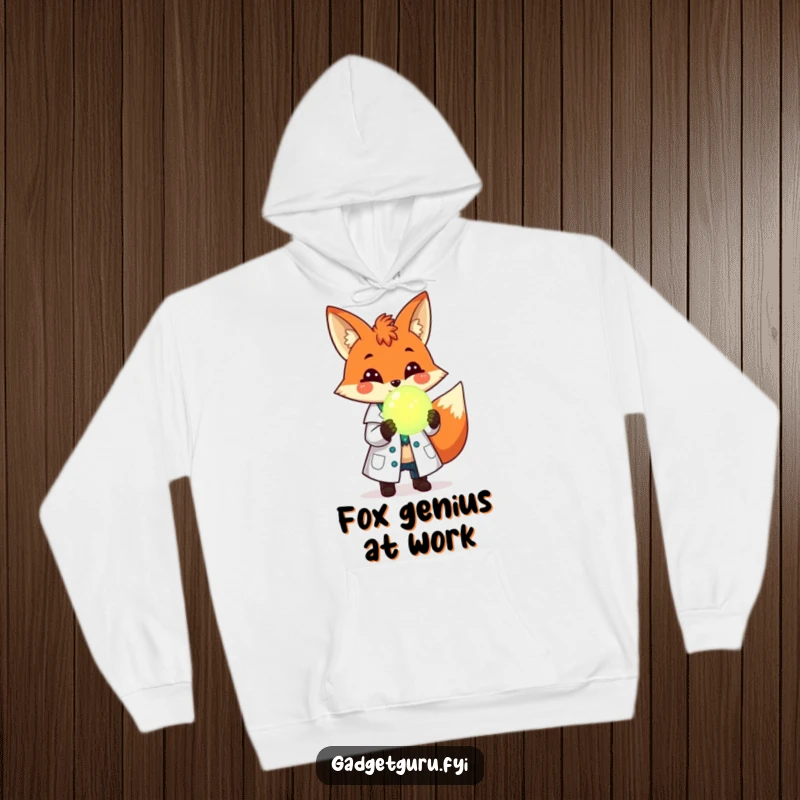 Funny hoodie depicting a cheerful fox scientist in a lab coat, confidently holding a glowing orb, radiating intelligence and warmth.