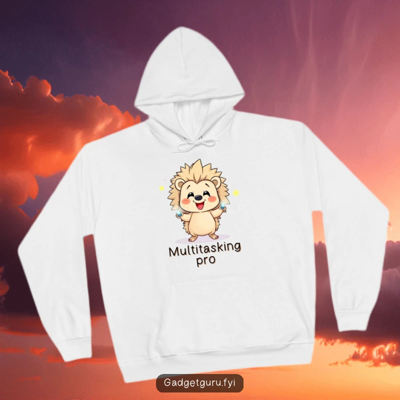 Funny hoodie depicting a happy hedgehog character skillfully juggling small, flashing LEDs, creating a mini light show.