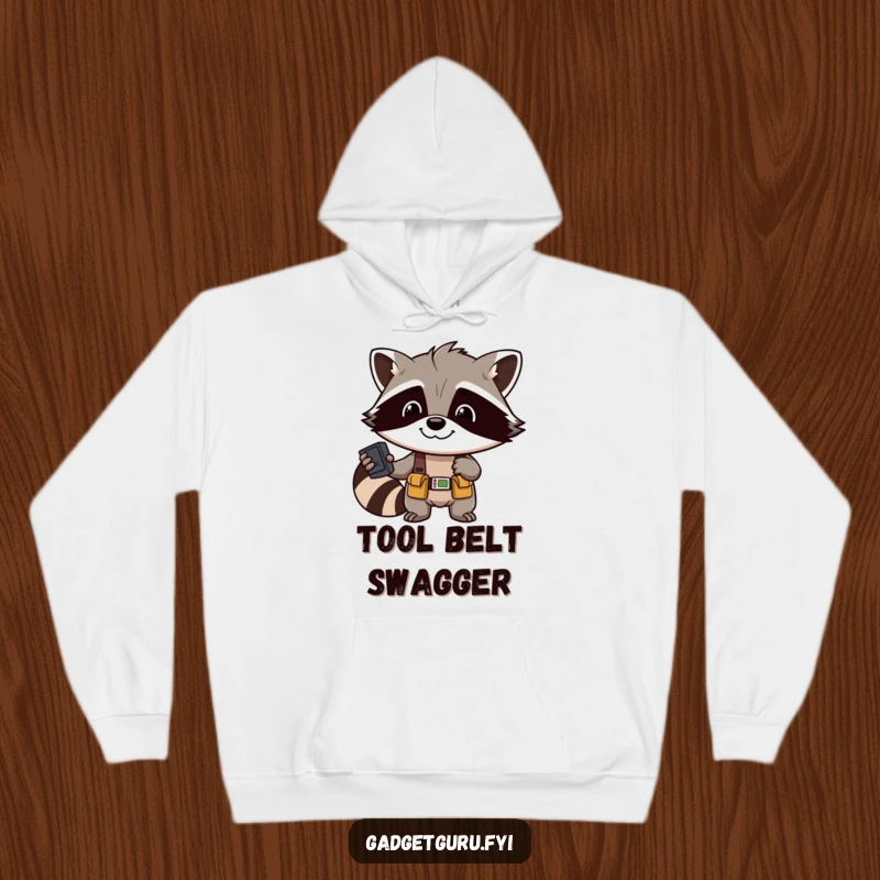 Funny Raccoon Mechanic Hoodie: A warm, hooded sweatshirt featuring a smiling raccoon with a tool belt, ready for any repair job.