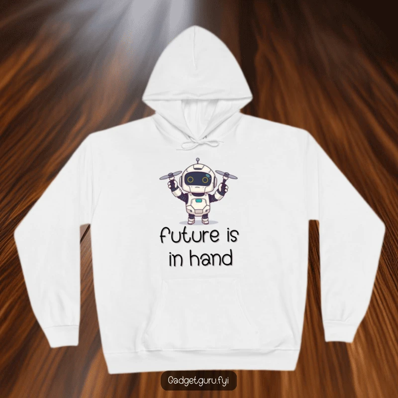 Funny hoodie depicting a small, excited robot holding a tiny spinning drone, perfect for cozy, tech-themed humor.