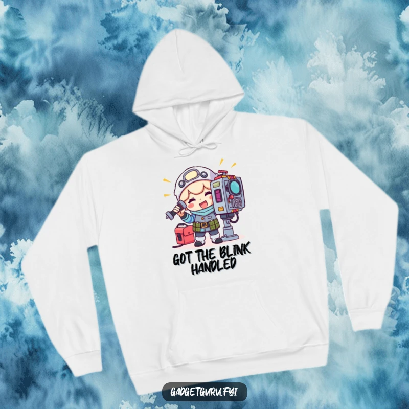 Funny hoodie showing a cheerful gadget tinkerer character using tools to adjust a blinking light on a complex device.