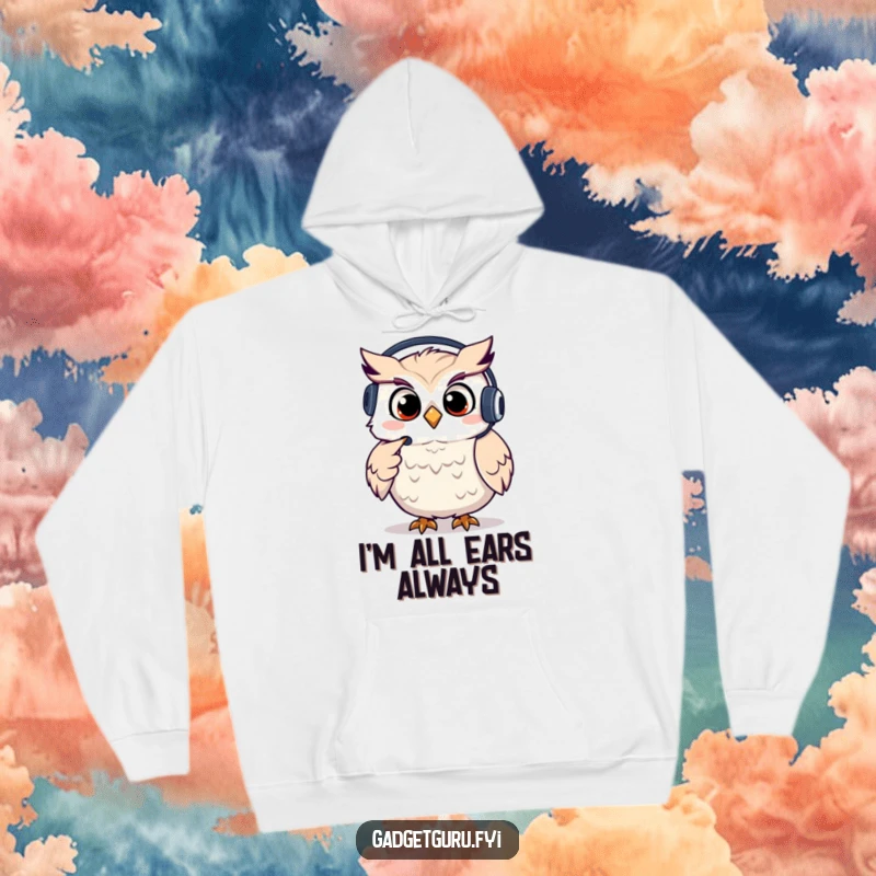 Funny owl hoodie showing a giggling character wearing a headset and pointing, perfect for cozy support sessions.