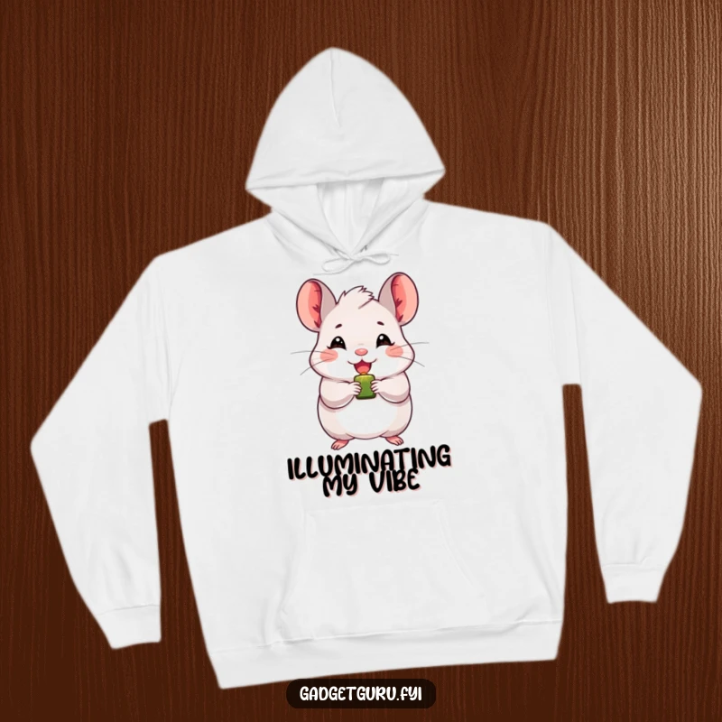 Funny chinchilla hoodie showcasing a beaming character holding a blinking light, offering warmth and a touch of joyful silliness.