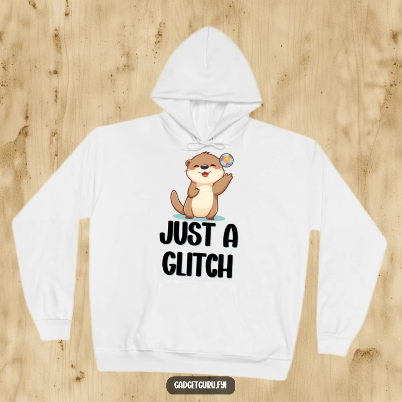 Funny hoodie showcasing a playful otter character tossing a small, bright digital orb with energetic paws.