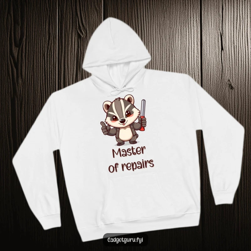 Funny hoodie depicting a determined badger with a tool giving a thumbs-up, offering warmth and a symbol of capability.