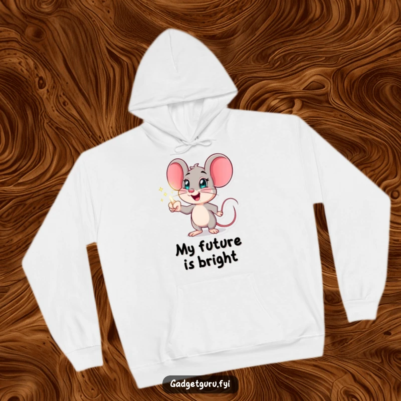 Funny mouse hoodie displaying an excited character pointing at a holographic display, perfect for cozy, humorous futuristic wear.