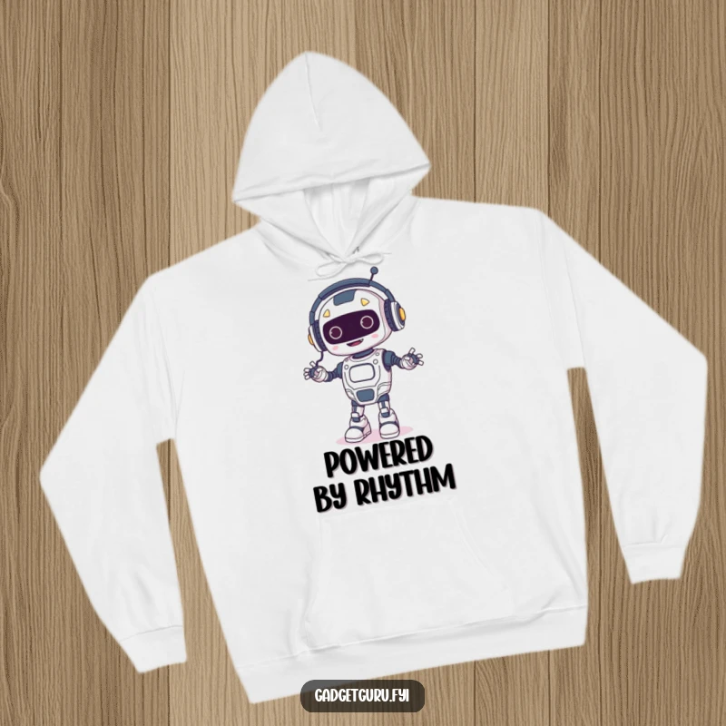 Funny hoodie graphic of a happy robot wearing tiny headphones and dancing, with glowing wires adding a cool, electronic aesthetic.