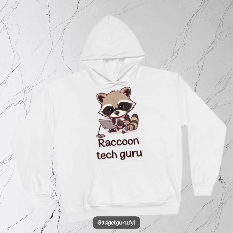 Funny hoodie depicting a focused raccoon energetically programming a miniature robot. Warm, soft, and humorous apparel for coders.